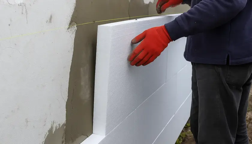 Pracownik w czerwonych rękawicach przykłada styropian do ściany. Trwa gruntowanie elewacji po ociepleniu.