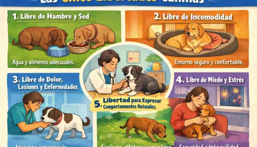 Ilustración sobre las cinco libertades caninas: perros comiendo, durmiendo en cama cómoda, recibiendo atención veterinaria, jugando y siendo abrazados. Datos curiosos de perros.