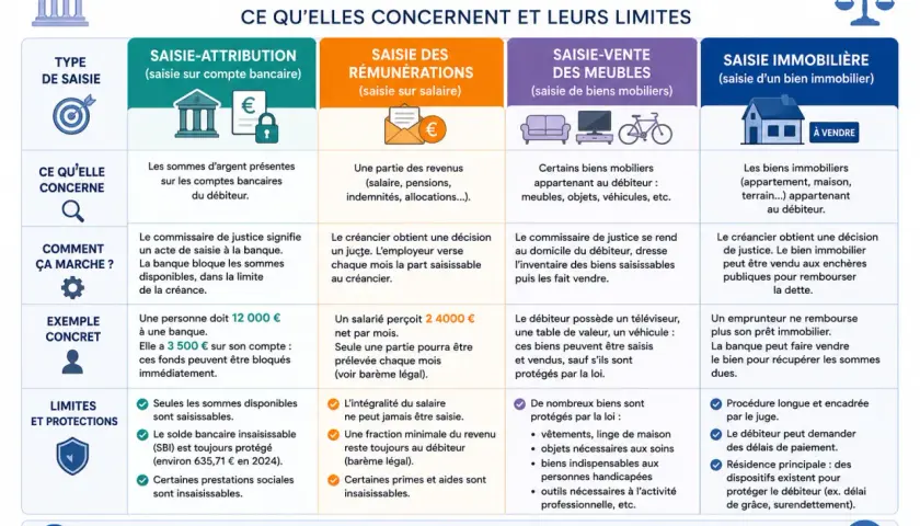 Infographie comparant les types de saisies : attribution, rémunérations, meubles, immobilier. Elle explique la différence entre huissier et société de recouvrement.