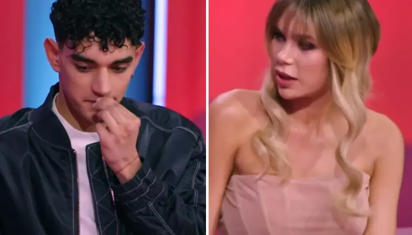 Młody mężczyzna z kręconymi włosami, zamyślony, z ręką przy ustach. Obok kobieta w beżowym topie. Bill Love nigdy nie kłamie.