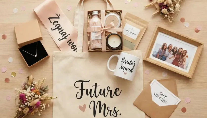 Elegancki prezent na wieczór panieński: torba z napisem "Future Mrs.", naszyjnik, kosmetyki, kubek "Bride's Squad", ramka ze zdjęciem i bukiet.
