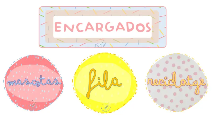 Diseño para imprimir: "Encargados" con círculos para "mascotas", "fila" y "recidatge".
