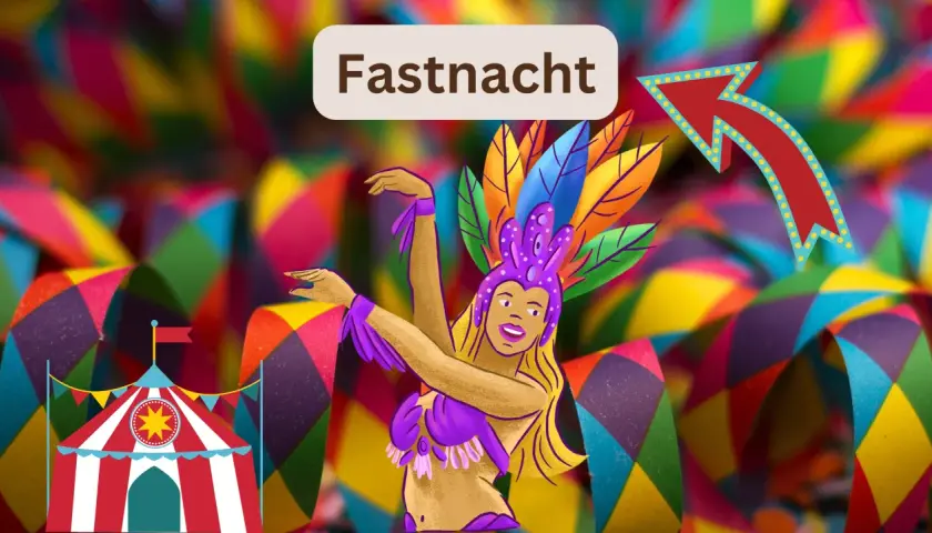 Bunte Dekorationen und eine Tänzerin im Faschingskostüm kündigen den Fasching 2027 an. Ein Zirkuszelt und ein Pfeil mit Lichtern vervollständigen die fröhliche Szene.