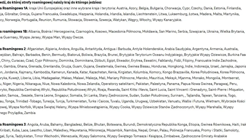 Lista krajów podzielona na strefy roamingowe T-Mobile.