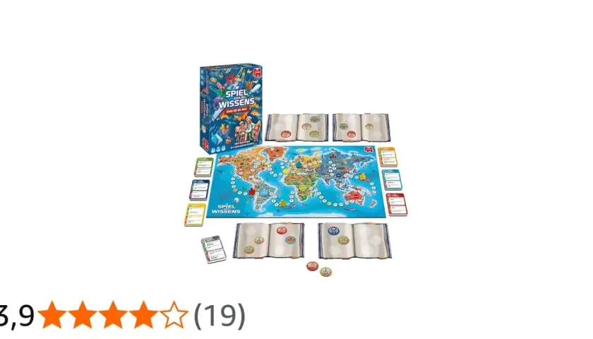 Brettspiel "Spiel des Wissens" mit Weltkarte, Büchern und Karten. Ein spannendes Spiel für die ganze Familie, das Wissen vermittelt – vielleicht das beste Spiel der Welt!