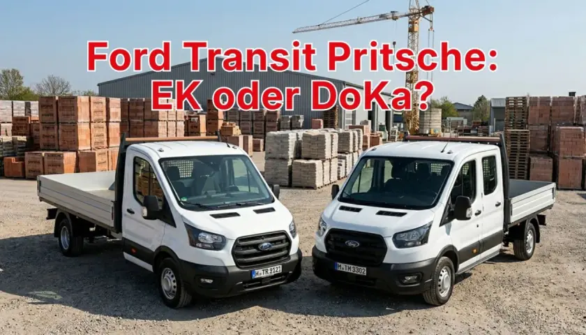 Zwei weiße Ford Transit Pritschenwagen stehen nebeneinander. Einer ist ein Pritschenwagen mit Einzelkabine, der andere ein Pritschenwagen mit Doppelkabine.