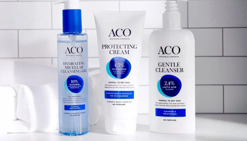 ACO hudvård med glycerin för återfuktning: rengöringsgel, skyddande kräm och mild rengöring.