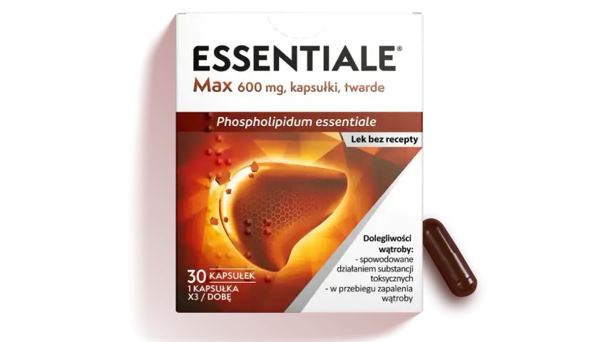 Opakowanie leku Essentiale Max 600 mg. Grafika przedstawia wątrobę, sugerując, że to ast co to za badanie. Lek bez recepty.