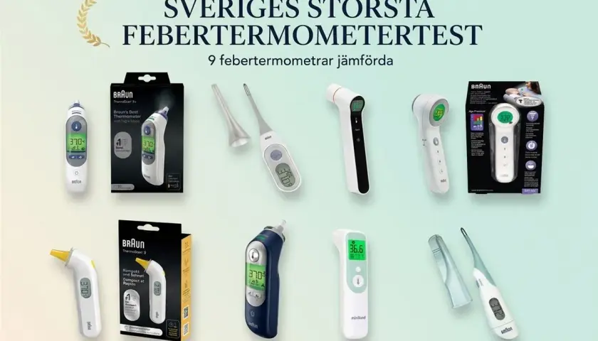 Sveriges största febertermometertest visar nio modeller, inklusive Braun Thermoscan 7+.