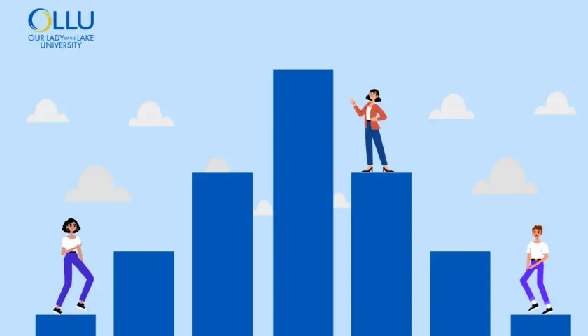Illustration of people climbing blue bars, symbolizing progress in mba organizational leadership.