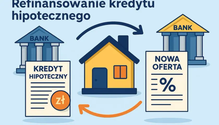 Ilustracja pokazuje przeniesienie kredytu hipotecznego. Dom symbolizuje właściciela, który przenosi swój kredyt z jednego banku do drugiego, szukając lepszej oferty.