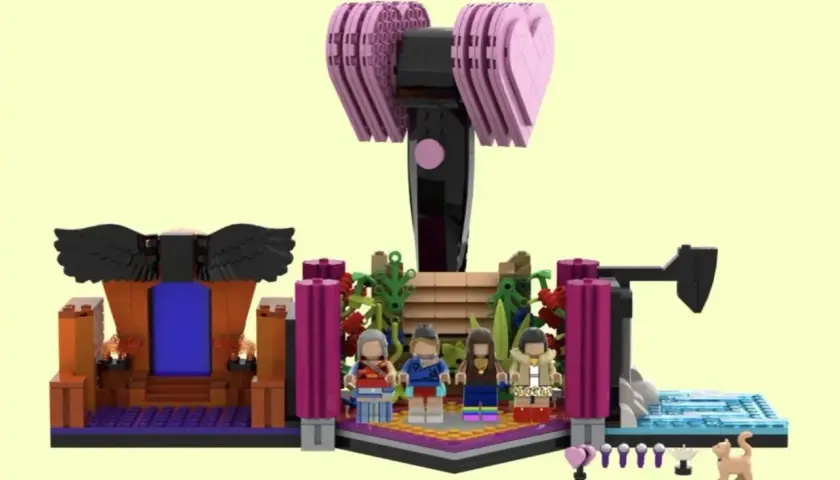 BLACKPINK LEGO-Set mit den vier Mitgliedern, einem Thron, einer Bühne und dem ikonischen Hammer-Licht.
