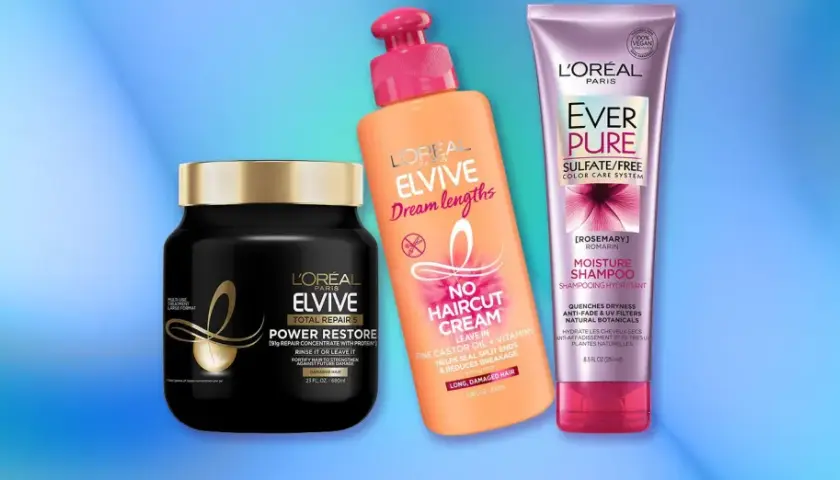 Tres productos L'Oréal Elvive y Ever Pure para el cuidado del cabello: mascarilla Power Restore, crema No Haircut Cream y champú Moisture.