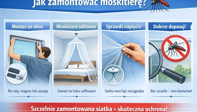 Instrukcja jak zamontować moskitierę na okno: montaż na rzep, magnes lub zaczepy, zawieszenie sufitowe, naciągnięcie siatki i dopasowanie bez szczelin.