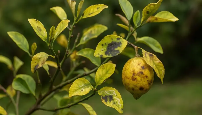 Un citronnier aux feuilles jaunies et tachées de noir, avec un fruit en formation. Une image pour comprendre comment traiter un citronnier naturellement.