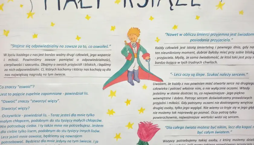 Cytaty z Małego Księcia: "Stajesz się odpowiedzialny na zawsze za to, co oswoiłeś." i "Lecz oczy są ślepe. Szukać należy sercem.