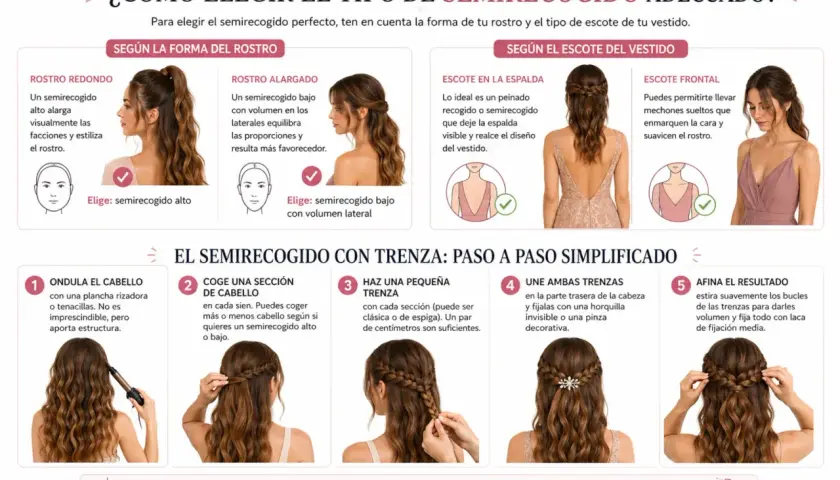 Guía para elegir el peinado semirecogido perfecto según tu rostro y escote. Aprende a hacer un semirecogido con trenza paso a paso.