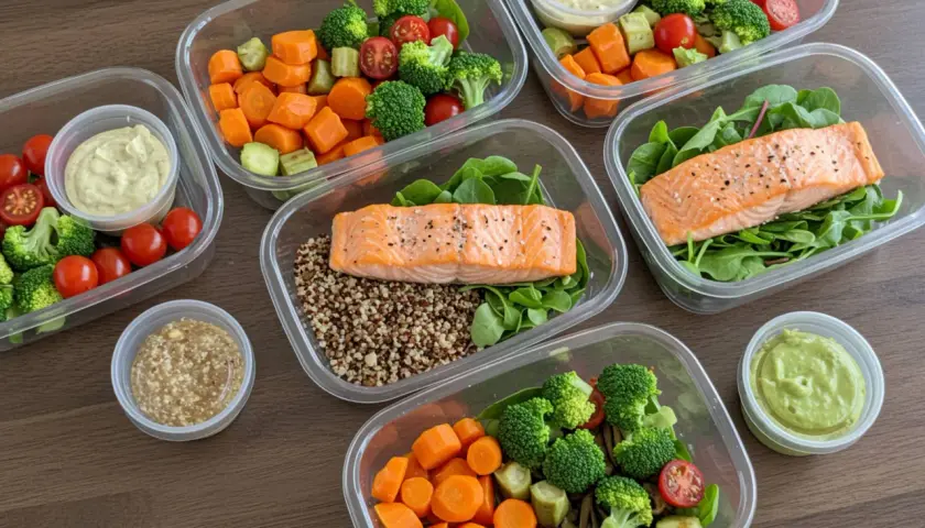 Comidas preparadas para una dieta saludable y equilibrada de lunes a domingo: salmón, quinoa, brócoli, zanahoria y tomates cherry.