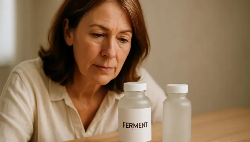 Donna preoccupata guarda due flaconi, uno con etichetta "FERMENTI", pensando ai fermenti lattici scaduti.