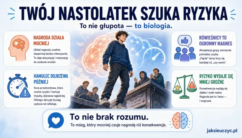 Nastolatek na dachu z przyjaciółmi, otoczony ikonami mózgu, nagrody i ryzyka.