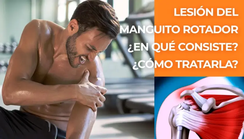 Hombre con dolor de hombro, indicando una lesión del manguito rotador. Ilustración anatómica del hombro.