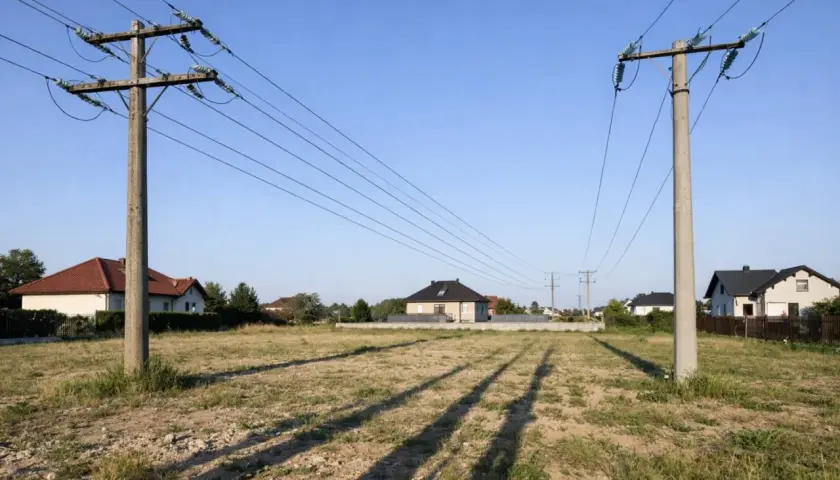 Linia średniego napięcia biegnie nad niezabudowaną działką, z domami w oddali. Widać wyraźną odległość budynku od linii średniego napięcia.