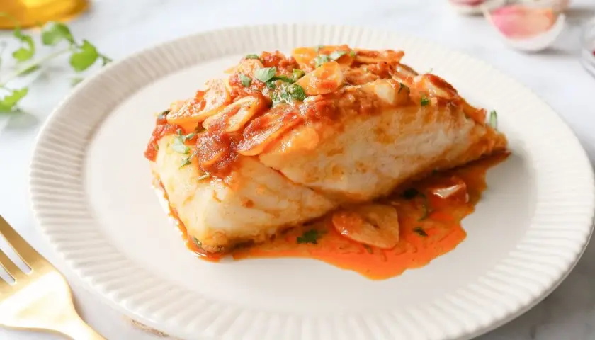 Delicioso bacalao a la llauna con salsa de tomate y ajo, servido en un plato blanco con un tenedor dorado.