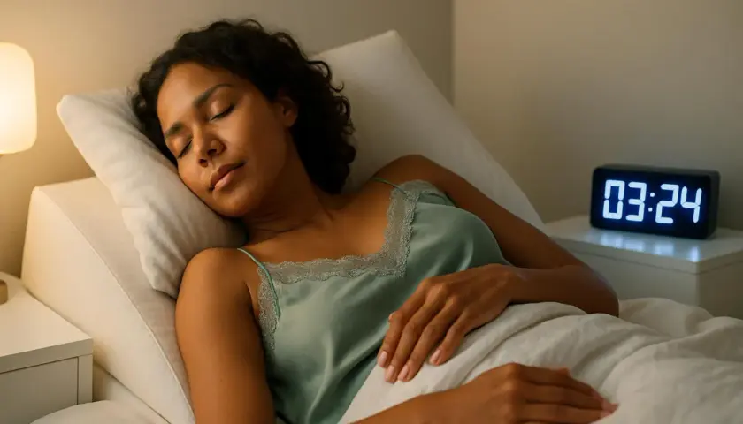 Donna dorme con un cuscino inclinato, forse per alleviare il reflusso notturno. L'orologio digitale segna le 03:24.