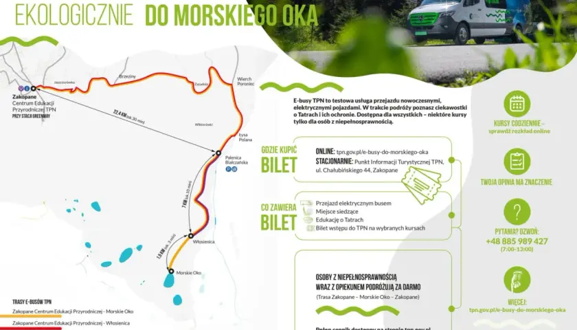 E-busy TPN do Morskiego Oka: mapa tras, gdzie kupić bilet, cennik i rozkład. Ekologiczne podróże po Tatrach.
