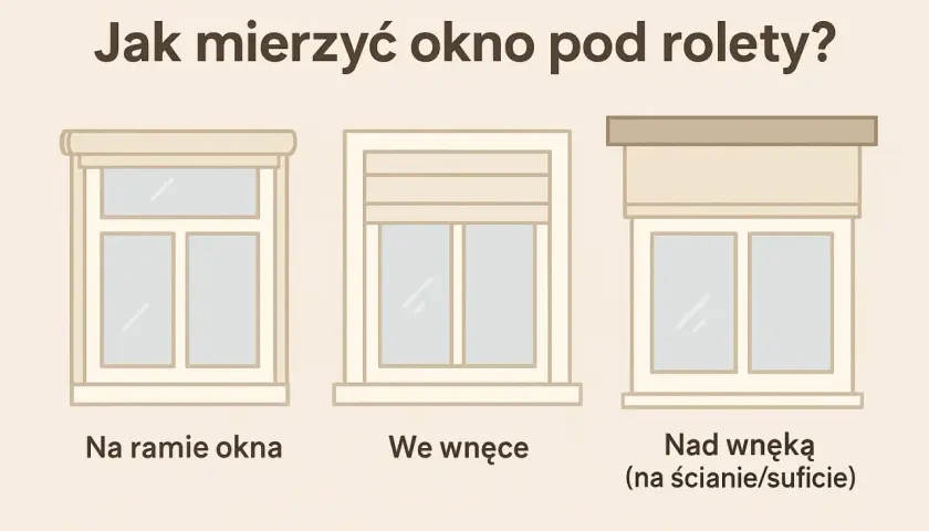 Jak zmierzyć okno na rolety? Trzy sposoby montażu: na ramie, we wnęce i nad wnęką.