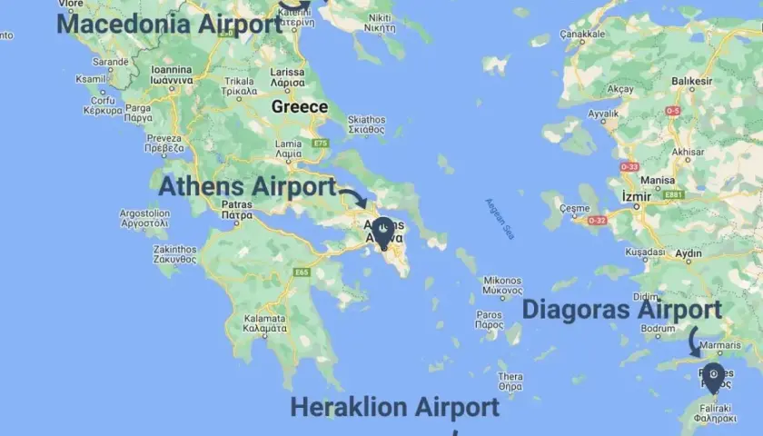 Mapa lotniska w Grecji: Macedonia Airport, Athens Airport, Diagoras Airport, Heraklion Airport.