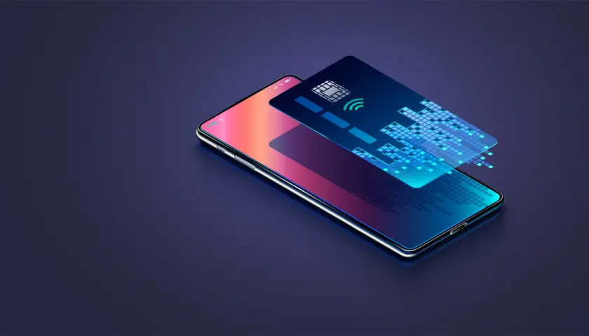 Teléfono móvil con tarjeta de crédito digital y símbolo de pago inalámbrico, representando la firma cloud.