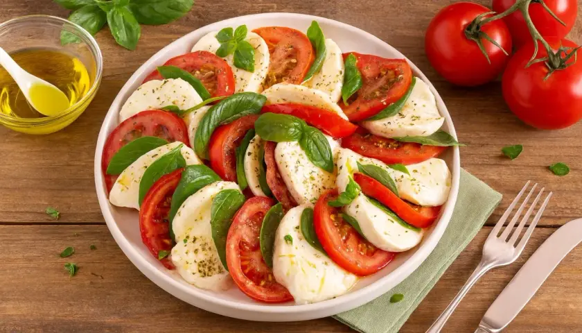 Ein appetitlicher Tomate Mozzarella Salat, kunstvoll arrangiert mit frischem Basilikum und beträufelt mit Olivenöl.