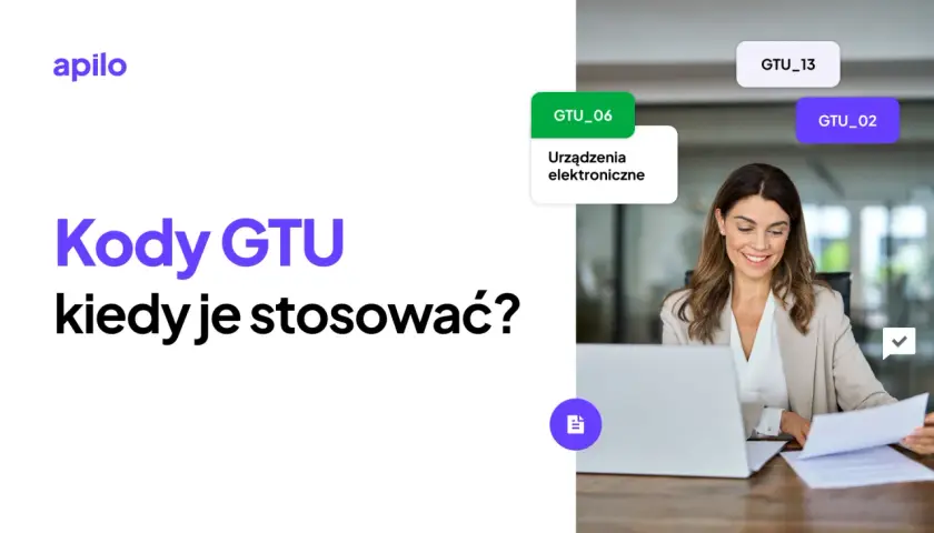Kody GTU, w tym GTU_13, pomagają w prawidłowym rozliczaniu faktur. Kobieta pracuje przy laptopie.