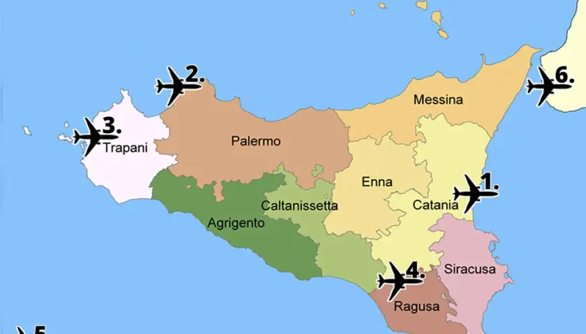 Map of Sicily showing numbered airplane icons near major cities like Palermo, Trapani, Catania, and Messina.