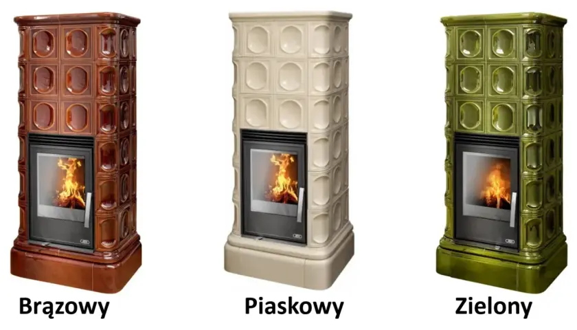 Trzy piece kaflowe z płaszczem wodnym: brązowy, piaskowy i zielony. Każdy z nich ozdobiony jest kafelkami z wypukłymi wzorami.