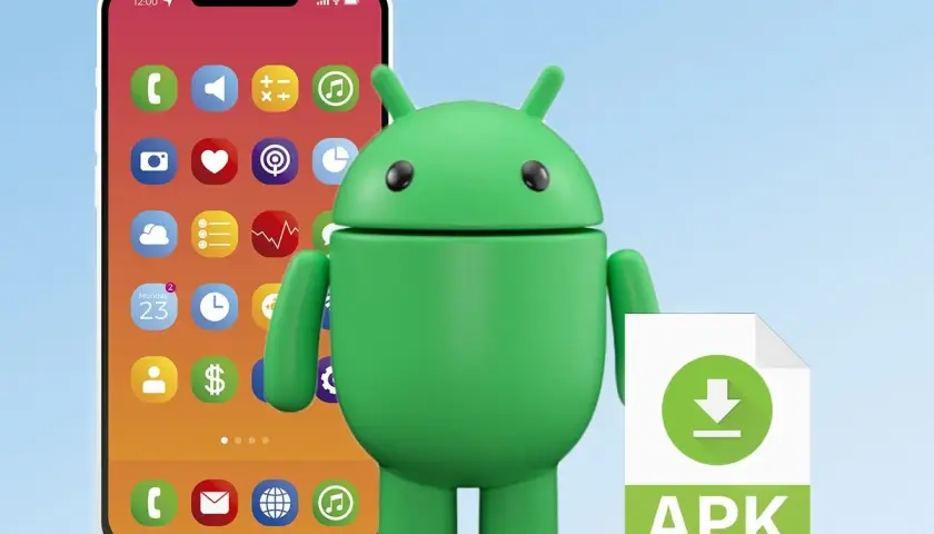 Zielony robot Android obok telefonu z ikonami aplikacji i plikiem APK. Dowiedz się, jak instalować gry na Androida.