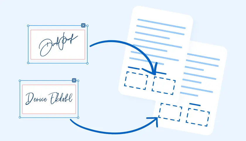 Dos cuadros con firmas digitales se conectan con flechas a documentos con espacios para firmar.