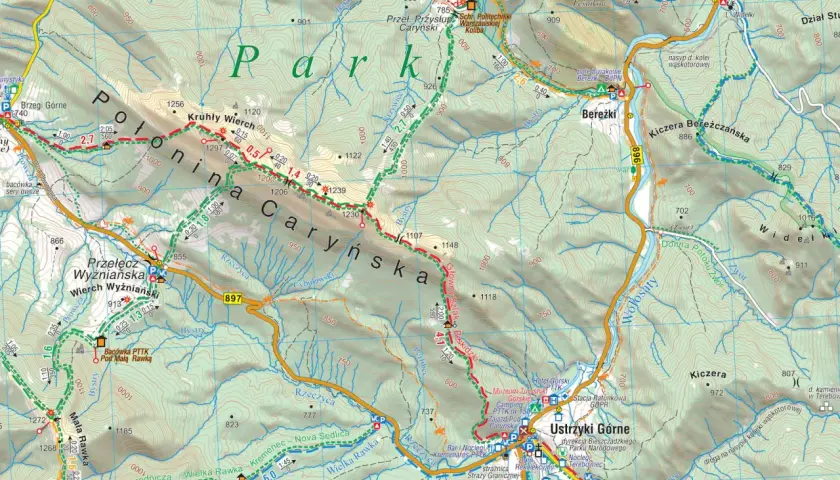Mapa turystyczna Bieszczadów, gdzie zaczynają się połoniny Caryńska i Wetlińska, z zaznaczonymi szlakami i schroniskami.