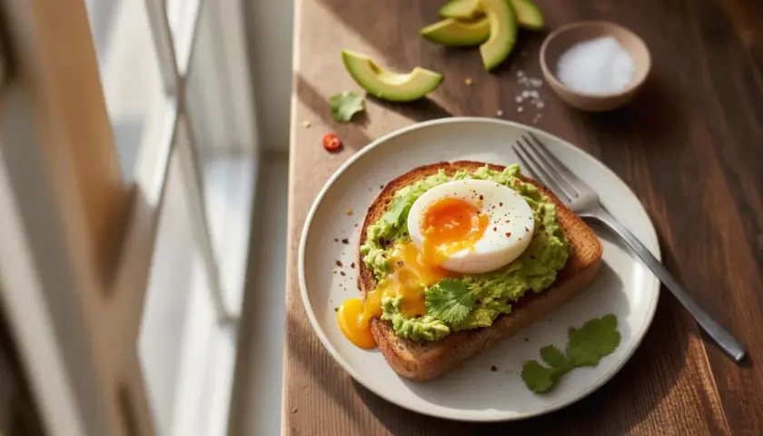 Tartine d'avocat avec un œuf mollet coulant, garnie de coriandre et de flocons de piment. Un délice pour le petit-déjeuner.
