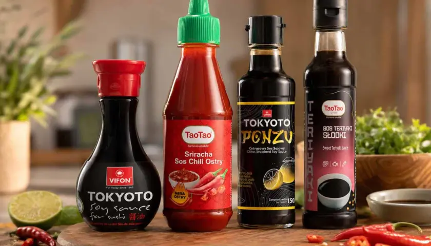 Cztery butelki sosów: sos sojowy, Sriracha, Ponzu i Teriyaki, gotowe do sushi.