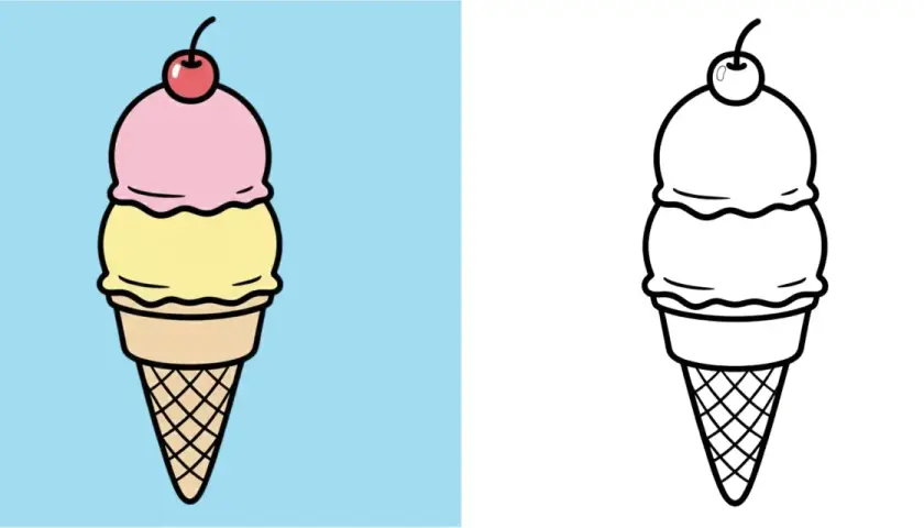 Zwei Eiscreme-Bilder: eins farbig mit rosa und gelben Kugeln, das andere als Schwarz-Weiß-Vorlage zum Ausmalen. Perfekt als eis basteln vorlage!