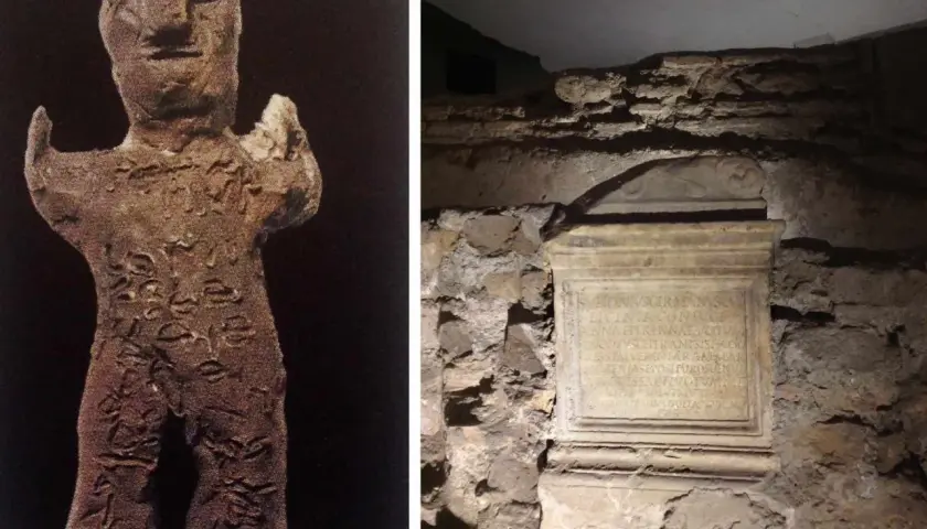 Antica statuetta in terracotta con iscrizioni e un'epigrafe su un piedistallo, reperti di una fonte romana.