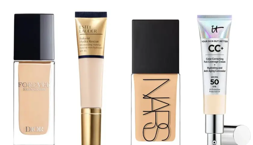 Fyra foundations för torr hy: Dior Forever Skin Glow, Estée Lauder Hydra Rescue, NARS och IT Cosmetics CC+.