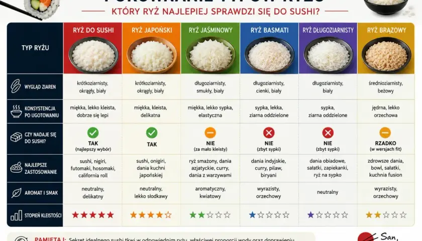 Porównanie ryżu do sushi: krótkoziarnisty, biały, kleisty – idealny wybór dla miłośników sushi.