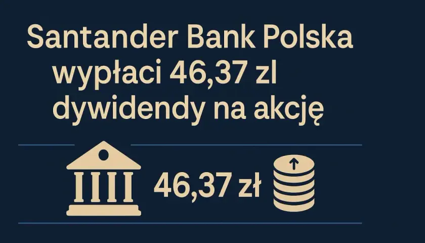 Santander Bank Polska wypłaci 46,37 zł dywidendy na akcję. Symbol banku i stos monet symbolizują zysk z inwestycji w santander akcje.