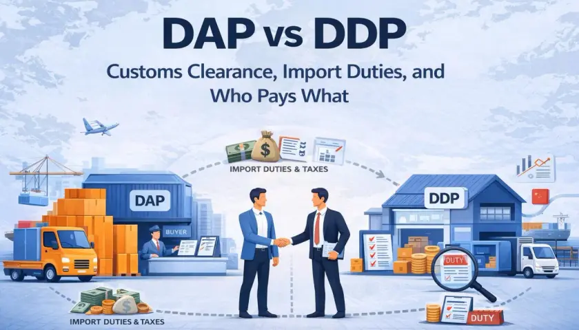 Vergleich DAP vs. DDP: Wer zahlt Zölle und Steuern? Illustration zeigt Lieferketten und Verantwortlichkeiten bei internationalen Sendungen, inklusive ddu incoterm.