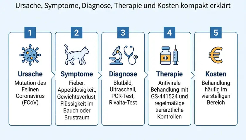 FIP bei Katzen: Symptome wie Fieber, Appetitlosigkeit und Gewichtsverlust sind Anzeichen. Die Grafik erklärt Ursache, Diagnose, Therapie und Kosten.