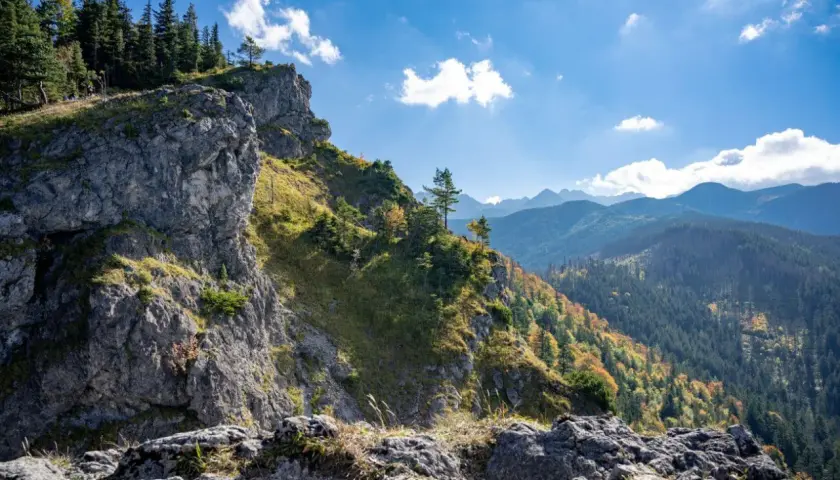 Słoneczny dzień, skaliste zbocze i lasy Tatr. Widok z wejścia na Nosal zapiera dech w piersiach.