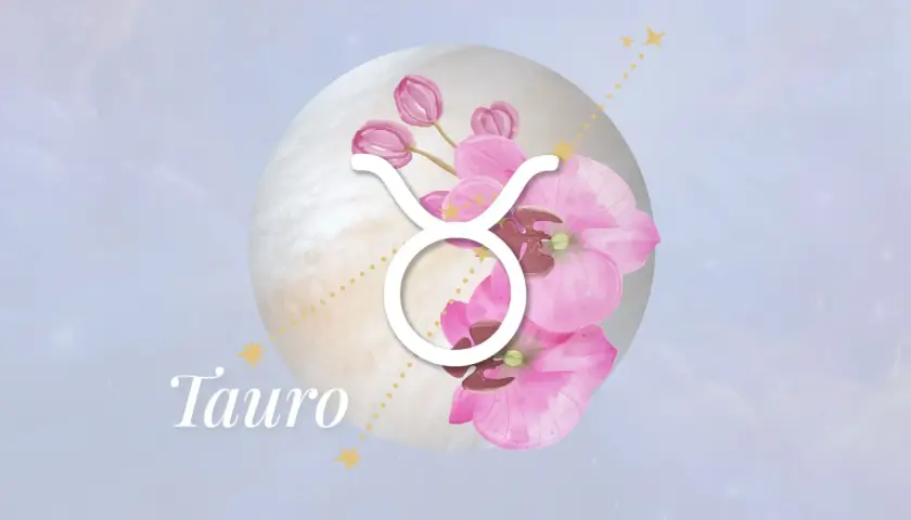 Símbolo de Tauro rodeado de flores rosas y un orbe lunar. El texto "Tauro" aparece en la parte inferior izquierda.